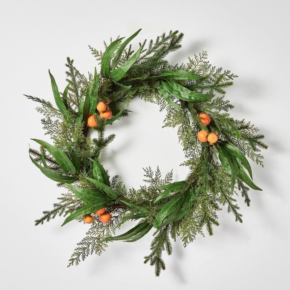 Threshold designed with Studio McGee wreath with oranges
